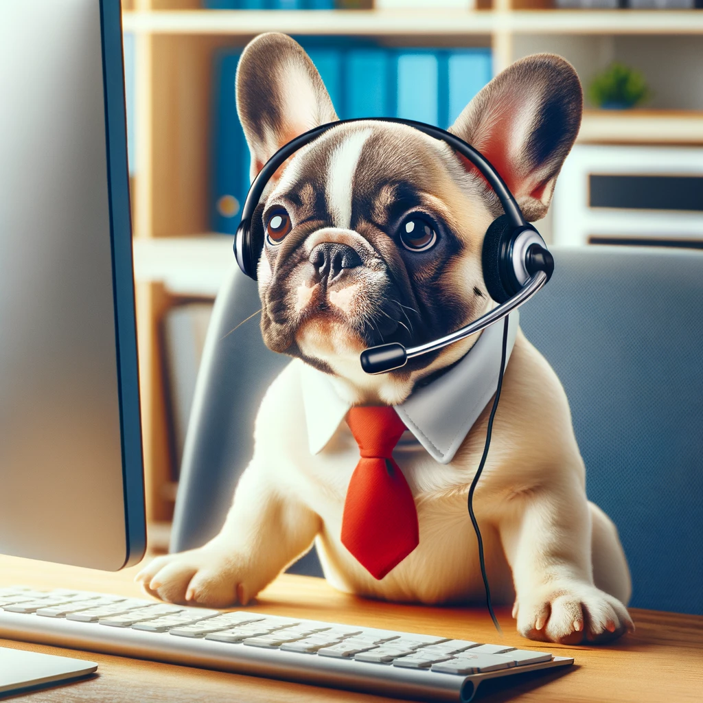 a picture of a french bulldog working as customer support